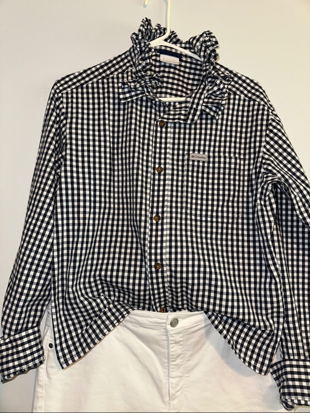 Columbia Black & White Gingham Ruffled collar Button-Down Shirt
